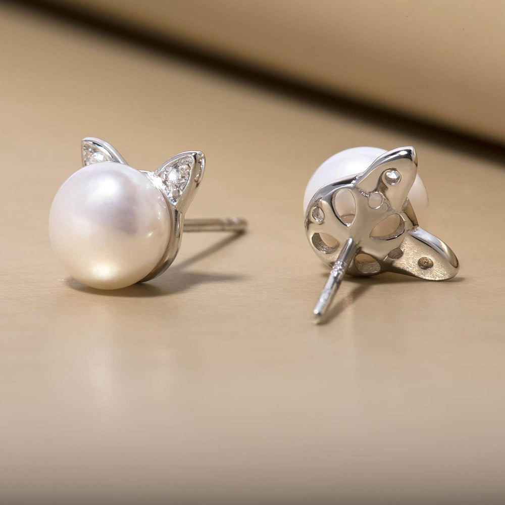 Cubic Zirconia Ear Cat Pearl Stud Earrings