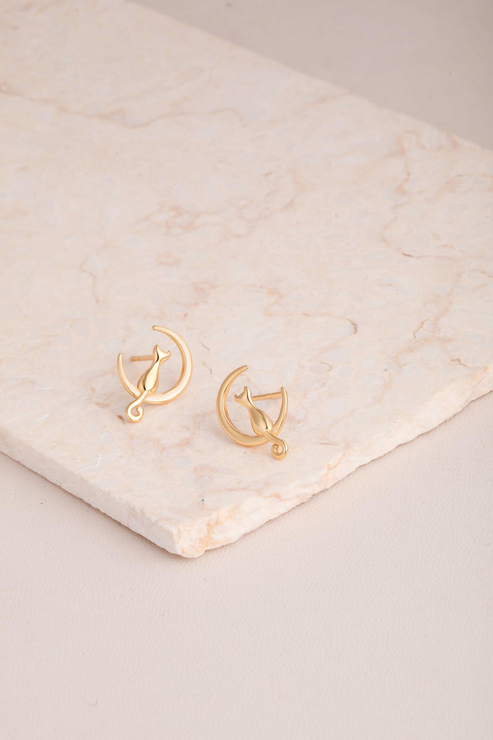 Cat Moon Stud Earrings Sterling Silver