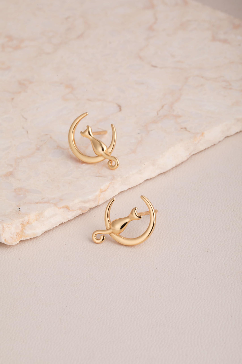 Cat Moon Stud Earrings Sterling Silver