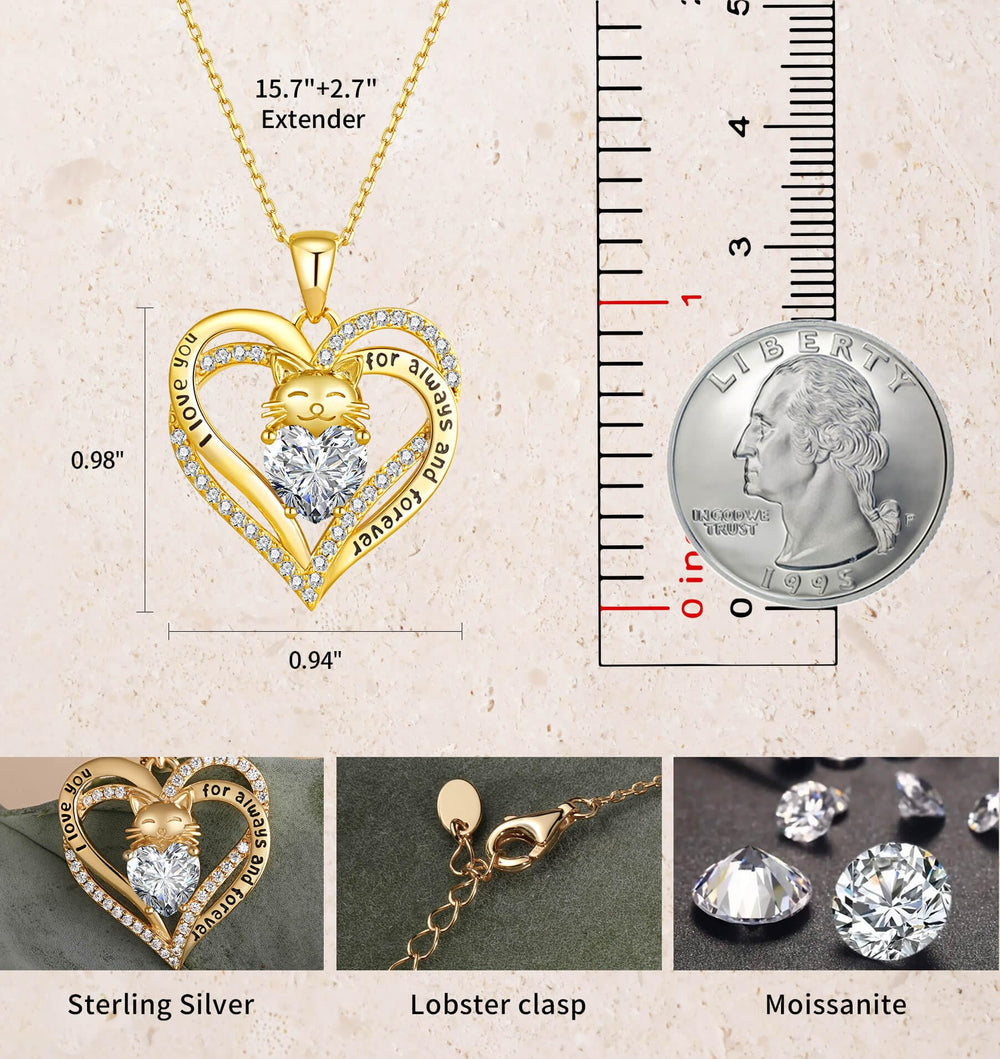 Moissanite Diamond Heart Cat Necklaces