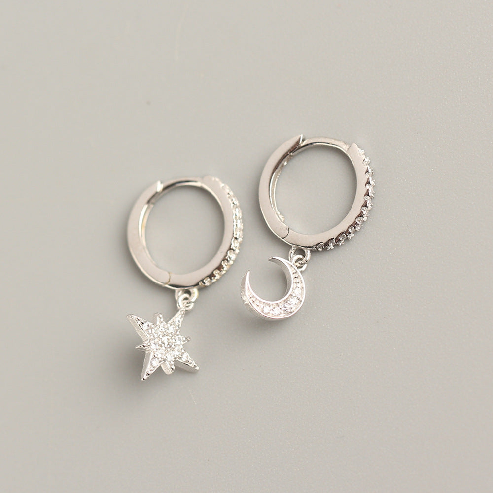 Sterling silver Cubic zirconia Moon Star Hoop Earrings Drop Earrings