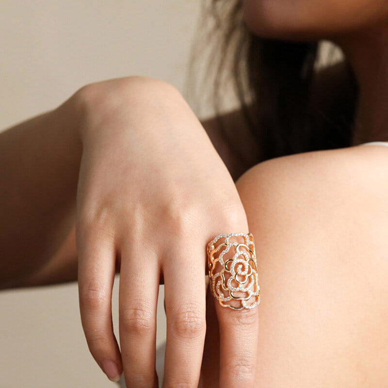Vintage Cubic Zirconia Camellia Flower Statement Ring